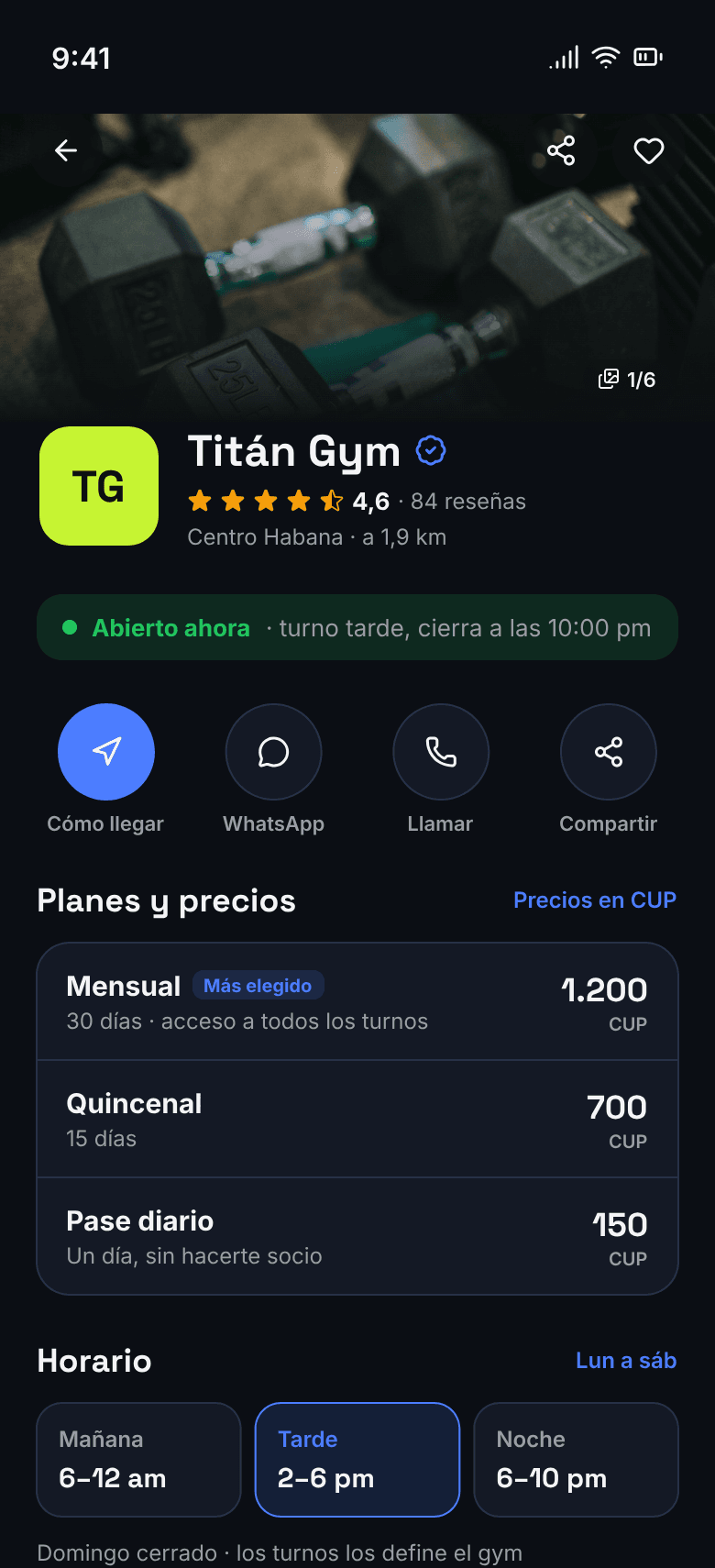 Detalle de un gym: fotos, estrellas, horario, planes y cómo llegar