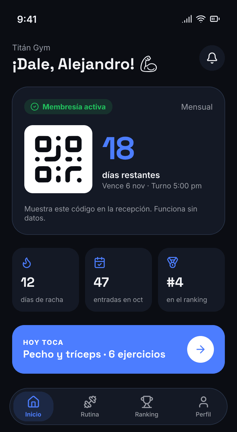 Pantalla del socio: carné con código QR y días restantes